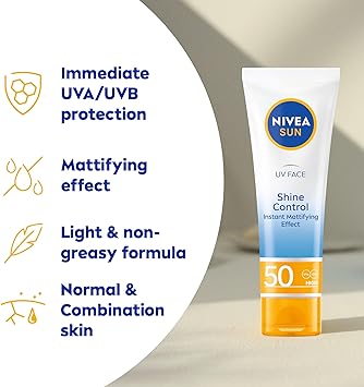 NIVEA Sun UV Face Shine Control SPF 50 Cream, providing immediate UVA/UVB protection, mattifying effect, and suitable for normal and combination skin.