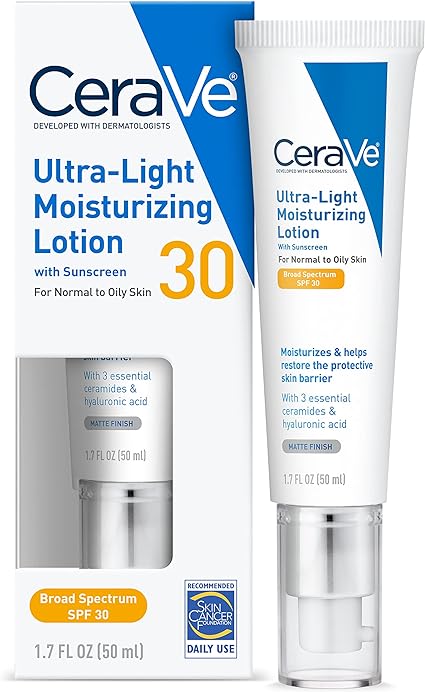 Tube and packaging of CeraVe Ultra-Light Moisturizing Lotion SPF 30. The product is designed for normal to oily skin and contains 3 essential ceramides and hyaluronic acid. It provides broad-spectrum sun protection with a matte finish.