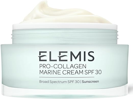 Jar of ELEMIS Pro-Collagen Marine Cream SPF 30. The jar is light blue, filled with a creamy white moisturizer, and the label indicates it provides broad-spectrum SPF 30 sun protection.