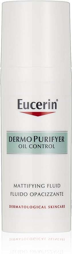 Tube of Eucerin DermoPurifyer Oil Control Mattifying Fluid. The packaging indicates it is a dermatological skincare product designed to control oil and provide a matte finish.