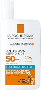 Tube of La Roche-Posay Sunscreen for Dermo-Kids Moisturising Fluid SPF 50+ with an orange label, indicating it is suitable for sensitive skin and provides high sun protection for children.