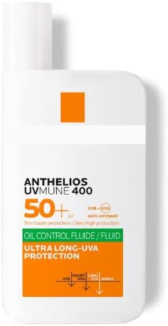 Tube of La Roche-Posay Sunscreen Anthelios Uvmune 400 Oil Control Fluid SPF 50+ with an orange label, indicating it provides ultra-long UVA protection and is suitable for oily and blemish-prone skin.