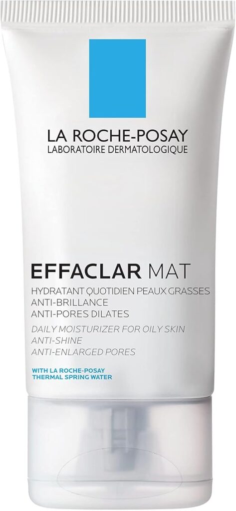 Tube of La Roche-Posay Effaclar Mat Mattifying Moisturizer. The packaging indicates it is a daily moisturizer for oily skin, designed to reduce shine and enlarged pores.