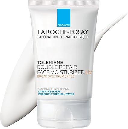 Tube of La Roche-Posay Toleriane Double Repair Face Moisturizer UV with Broad Spectrum SPF 30. The packaging highlights that it contains ceramide-3, niacinamide, and La Roche-Posay Prebiotic Thermal Water.