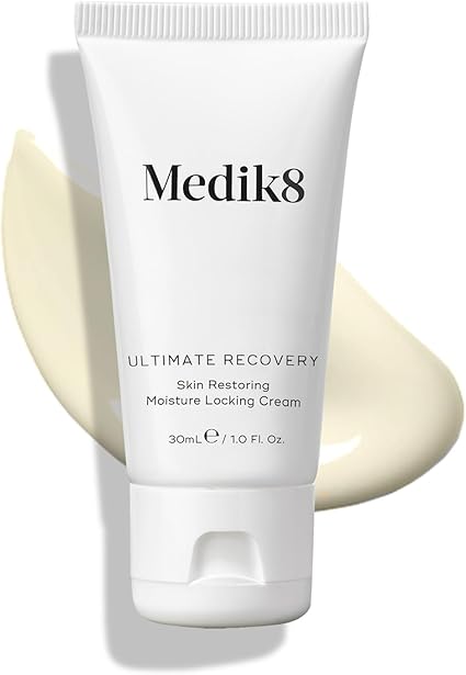 Tube of Medik8 Ultimate Recovery Skin Restoring Moisture Locking Cream. The packaging indicates it is a 30ml product designed to restore and lock in moisture.