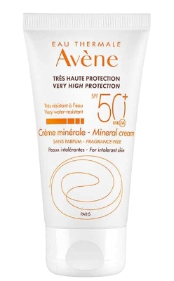 Tube of Avène Très Haute Protection Very High Protection Mineral Cream SPF 50+. The packaging is white with orange text and indicates it is fragrance-free and suitable for intolerant skin.