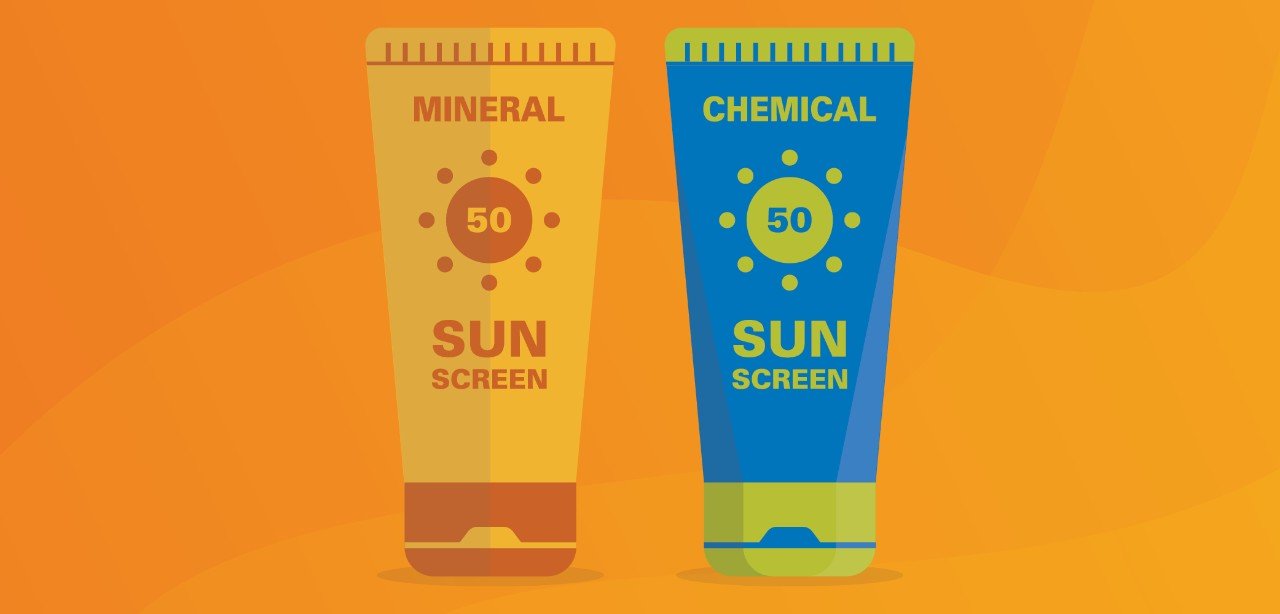 Illustration of two sunscreen tubes side by side. The left tube is labeled 'Mineral Sunscreen' with a sun icon and '50' in the center, colored in shades of yellow and brown. The right tube is labeled 'Chemical Sunscreen' with a sun icon and '50' in the center, colored in shades of blue and green.