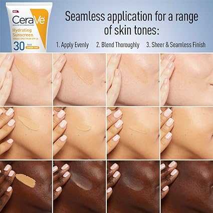 Image showing the application of CeraVe Hydrating Mineral Sunscreen SPF 30 on different skin tones. The process is demonstrated in three steps: applying evenly, blending thoroughly, and achieving a sheer and seamless finish.