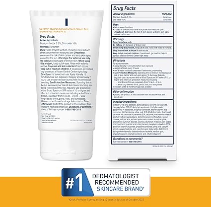 Image showing the back of the CeraVe Hydrating Mineral Sunscreen SPF 30 with Sheer Tint tube, detailing the drug facts and active ingredients. Next to it is a close-up of the drug facts label, listing the active and inactive ingredients, purpose, uses, warnings, and directions.