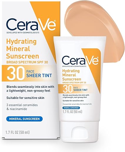 Image of CeraVe Hydrating Mineral Sunscreen Broad Spectrum SPF 30. The packaging shows it is a face sunscreen with a sheer tint, suitable for sensitive skin, containing 3 essential ceramides and niacinamide. The product tube is next to the box, and a sample of the tinted sunscreen is shown.