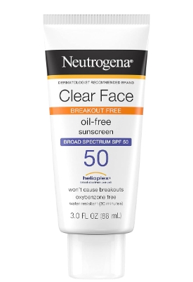 Tube of Neutrogena Clear Face Breakout Free Oil-Free SPF 50 Sunscreen Broad Spectrum SPF 50. The packaging highlights that it is oxybenzone-free and won't cause breakouts.