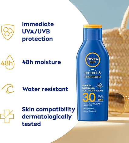 Bottle of NIVEA Sun Protect & Moisture SPF 30 sunscreen with text highlighting its features: Immediate UVA/UVB protection, 48h moisture, water resistance, and skin compatibility dermatologically tested.