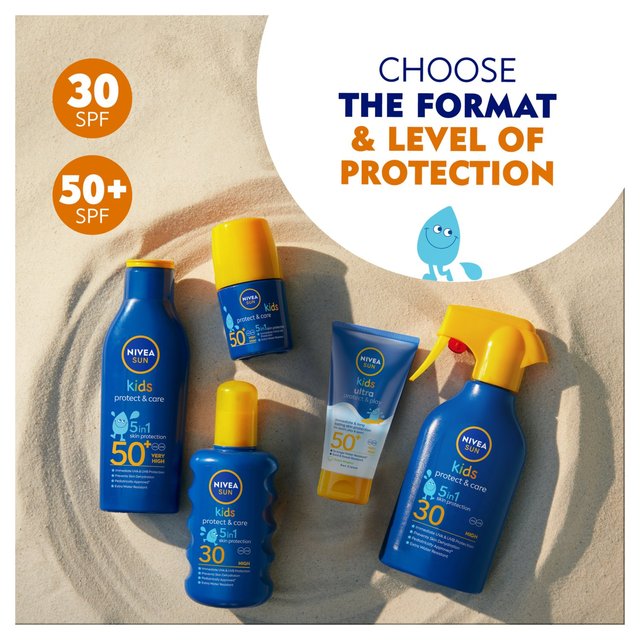 Various NIVEA Sun Kids Protect & Care sunscreen products arranged on the sand, highlighting SPF 30 and SPF 50+ options. The text 'Choose the Format & Level of Protection' is displayed.